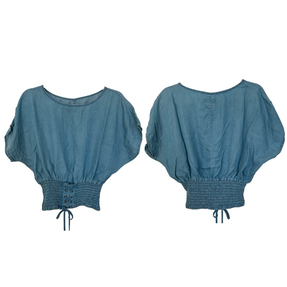 DIZZIRE Women’s Lightwash Denim Cropped Top Lace Up Gathered‎ Elastic Waist S